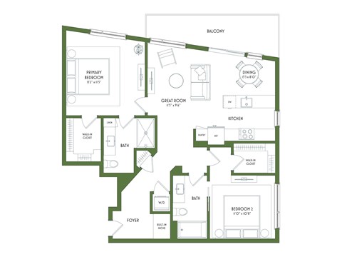 A floor plan of a house with a balcony, two bedrooms, a bathroom, a kitchen, a foyer, and a great room.